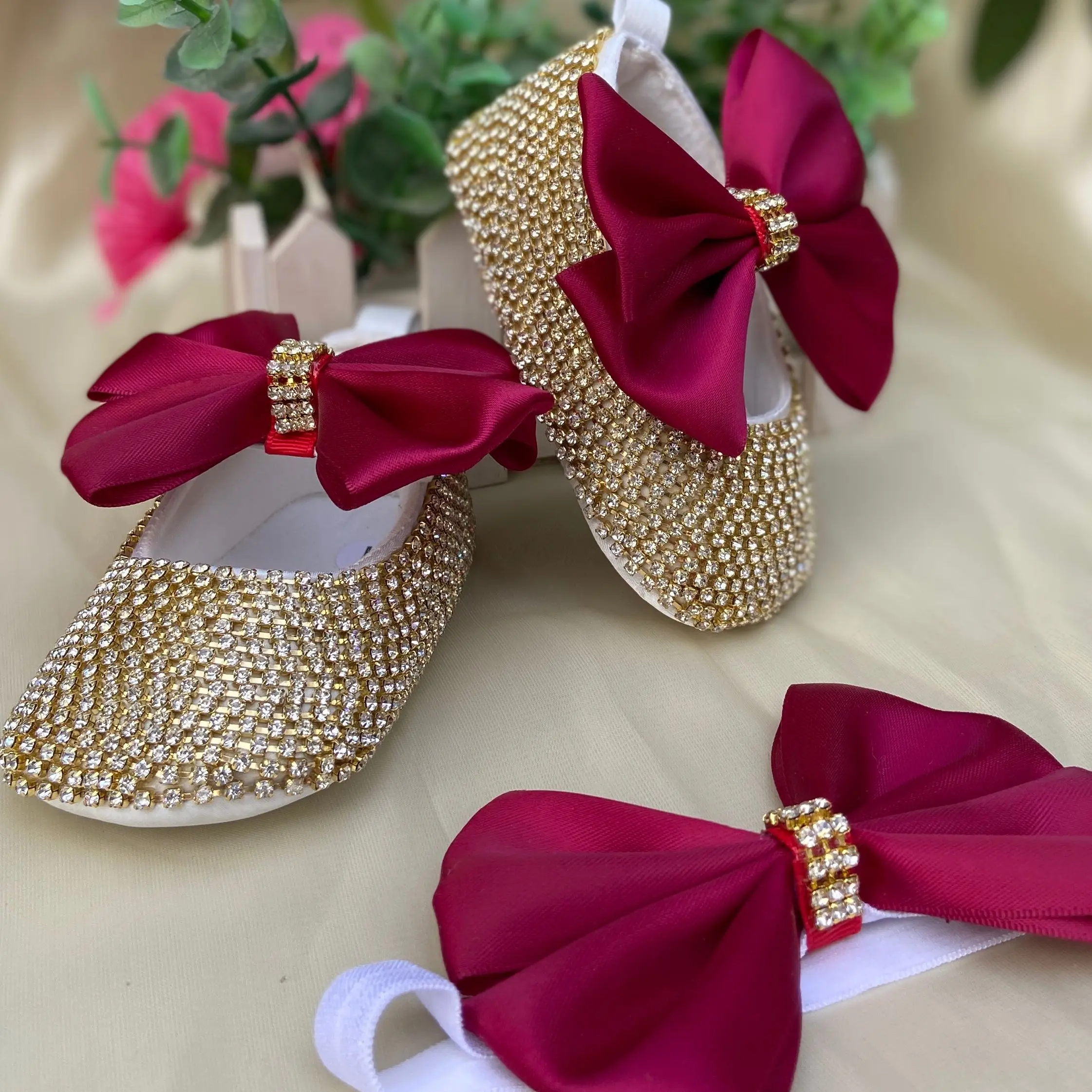 Dollbling X-max Gift Baby Shoes Headband Set Luxury Diamond Valentine's Day Red Bottom Little Girl Crystals Sparkle Shoes