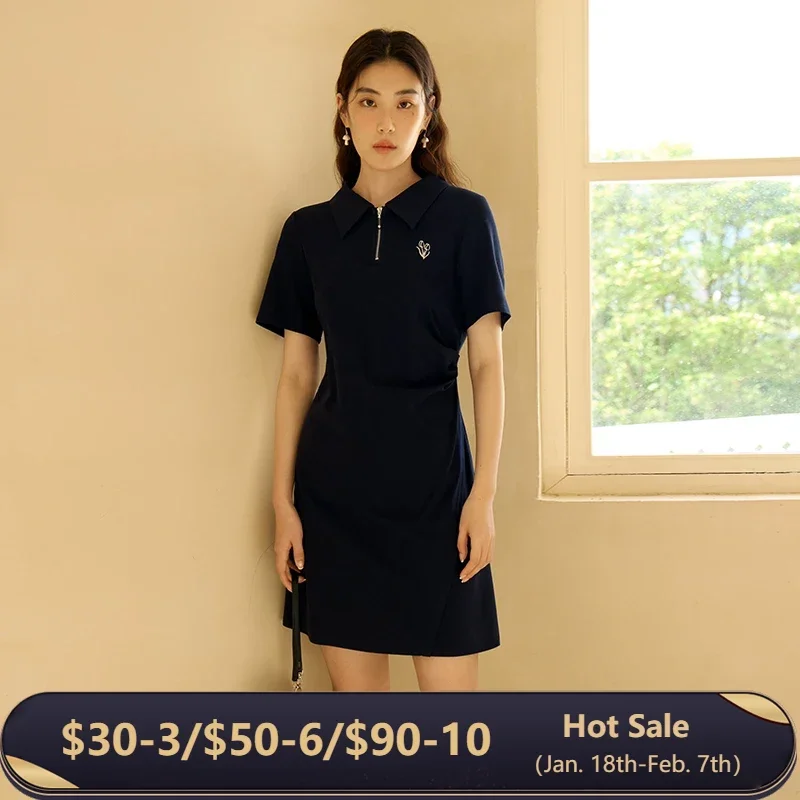 DUSHU Polo Dress Cotton Summer Long Women T Shirt Dress A-LINE Skirts Pleated Design Knee-Length Dress 24DS82109+24DS82316