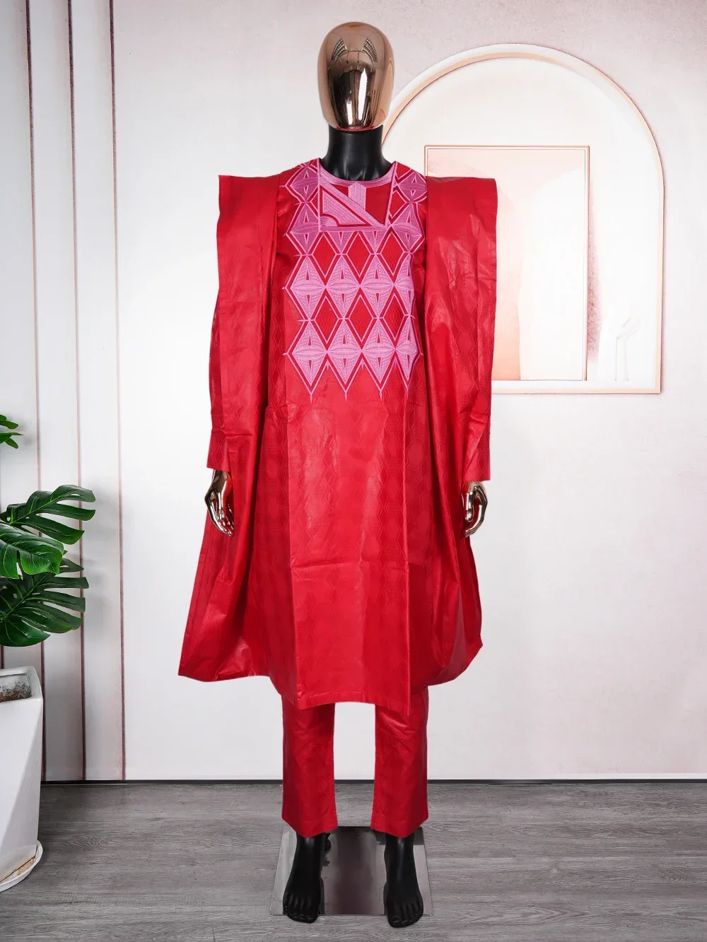 New African Clothes for Men Dashiki Tradition Outfit Robe Embroidery Red Tops Pants Suits Bazin Muslim Wedding Party Clothing