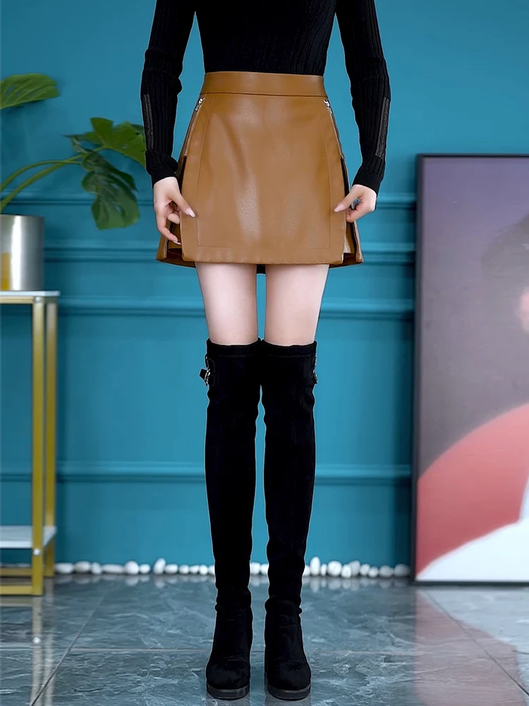 

Модная женская юбка из искусственной кожи с высокой талией, осенне-зимняя, А-силуэт, короткая, в корейском стиле, для повседневной носки
