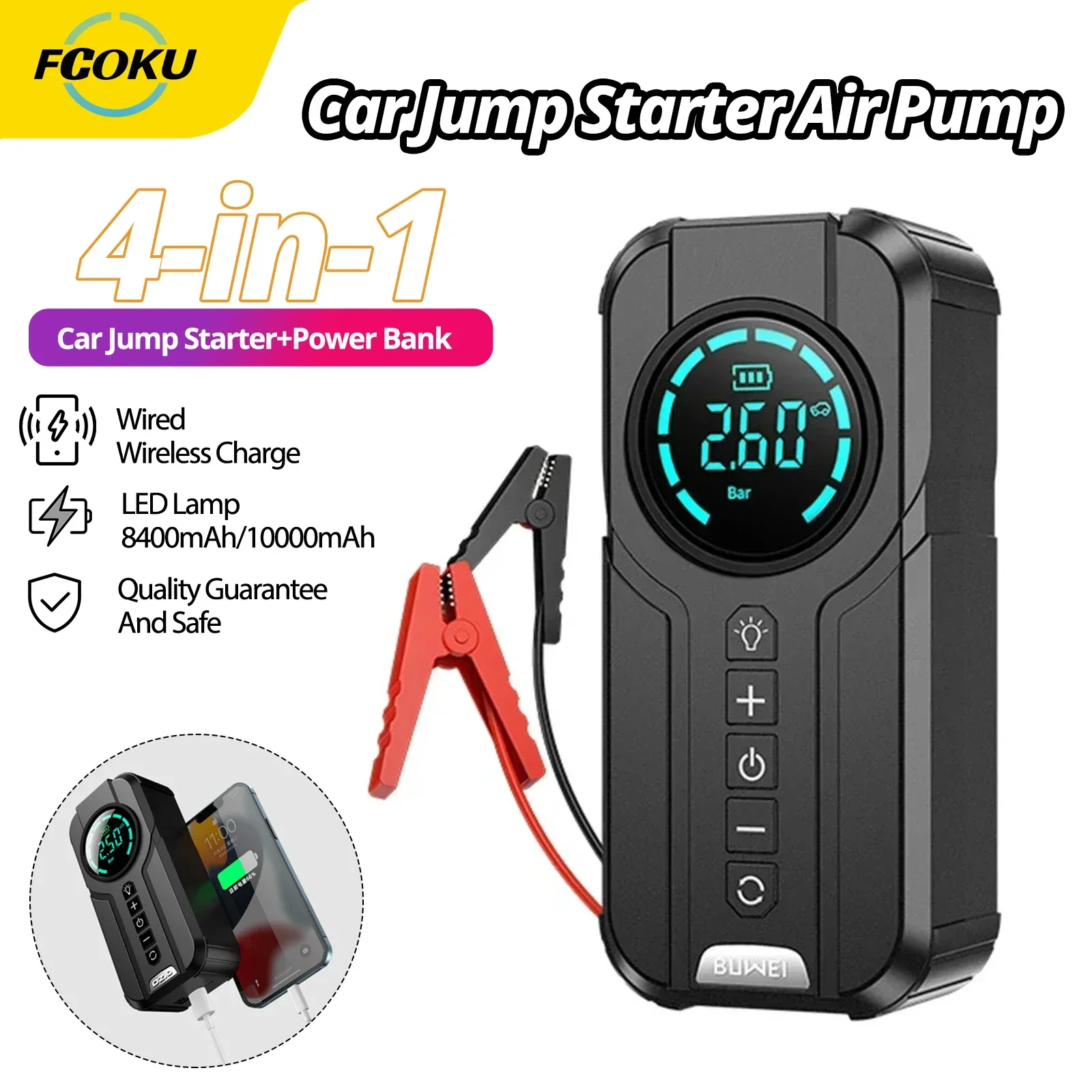 FCOku Car Jump Starter Air Pump PowerBank Multi-function Air Compressor 4 in 1 Convenient Tire Inflator Portable Battery Starter