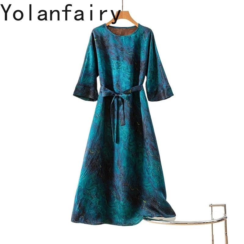 YOLANFAIRY Luxury Real Gauze Silk Dress Summer 2025 Elegant 100% Mulberry Silk Ladies Dresses Three-quarter Sleeve Woman Dress