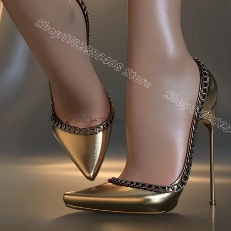

Gold Chain Decor Stiletto Pumps Pointed Toe Slip on Patent Leather Fashion Women Casual Party Shoes 2025 Zapatos Para Mujere