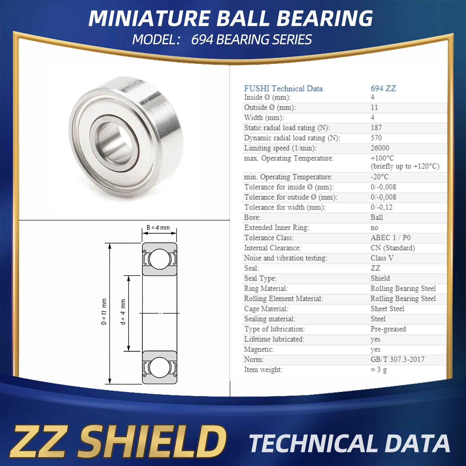 FUSHI 694 ZZ Bearing 4x11x4 mm 10Pcs 694ZZ RS 2RS Flange Handpiece Bearings For Strong Industrial Motors High Speed