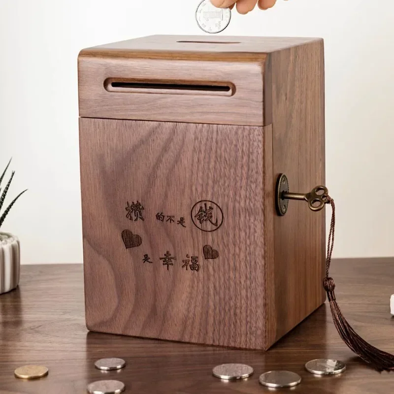 Wooden Money Box with Key Lock Chinese Mythical Creature Wealth Talisman Home Office Decor for Adults and Children