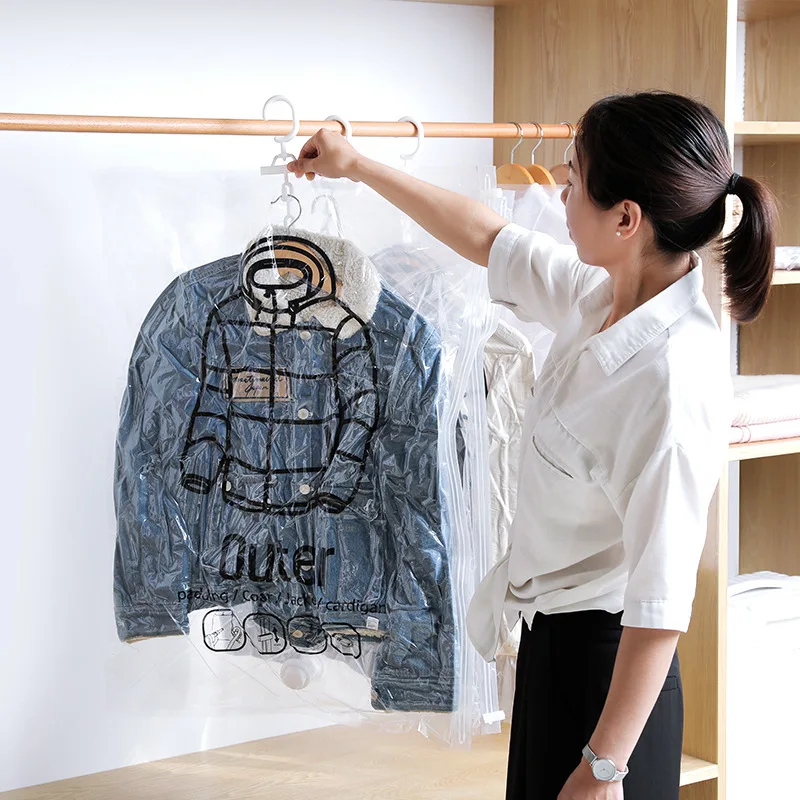 Aufhängbare transparente Vakuum-Aufbewahrungsbeutel, komprimierte Kleiderschrank-Aufbewahrung, Organizer-Tasche für Kleidung, Mantel, Daunenjacken, Staubschutz – Detail 3