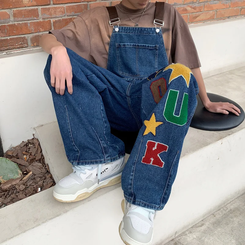 

Loose Men's Hiphop Denim Overalls Autumn Winter Large Size Vintage Casual Trousers Youth Trendy Straight Leg Jeans Overalls