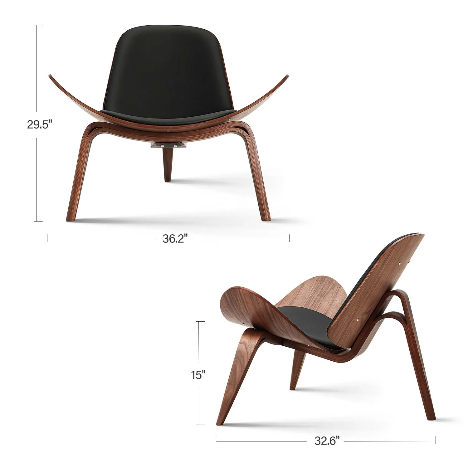 Mid Century Lounge Chair Replica Shell Chair Modern Tripod Lounge Chair 3 Wood Colors with Black Leather Living Room Chairs