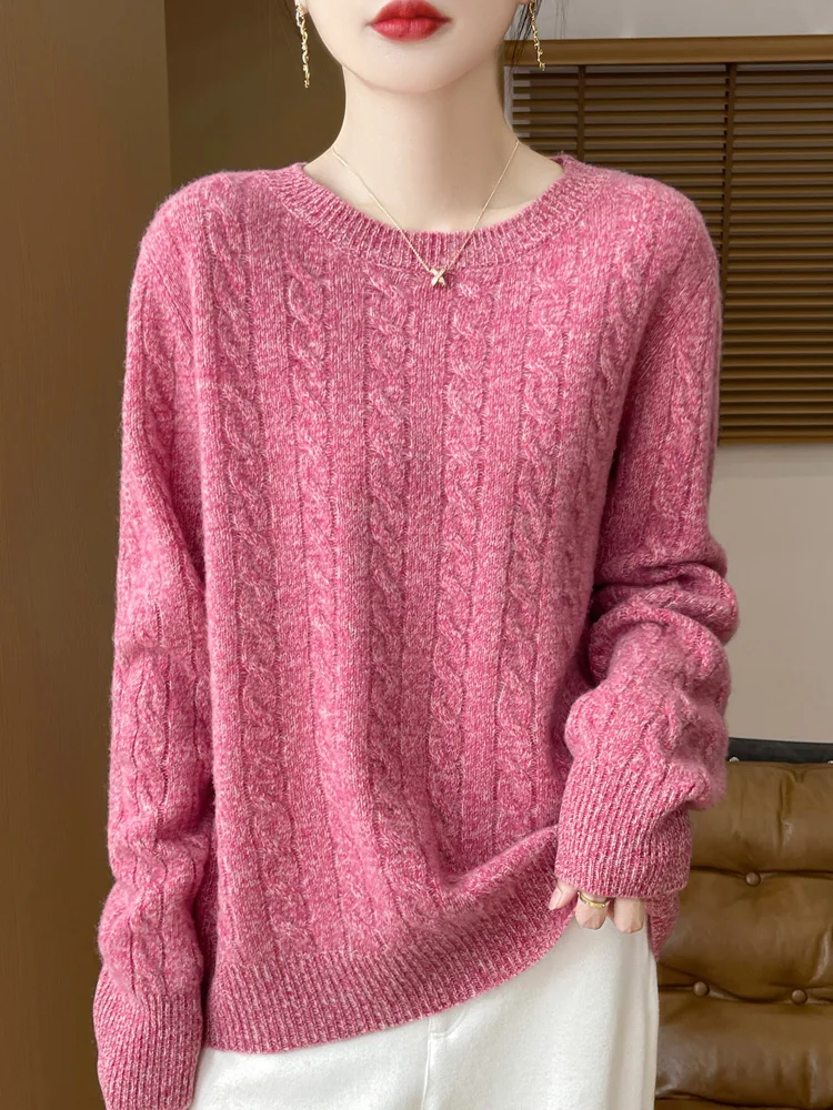 

Fashion Korean version 100% Beautiful Slave Twisted Flower Women's O-neck Long sleeved Woolen Knitted Sweater Loose and Slim Hig