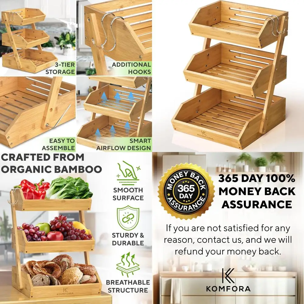 

Бамбуковая корзина для фруктов 3-ярусная — премиальная корзина для продуктов или кухни с 2 крючками — прочная и простая в сборке, для стойки или столешницы — из ПЭ