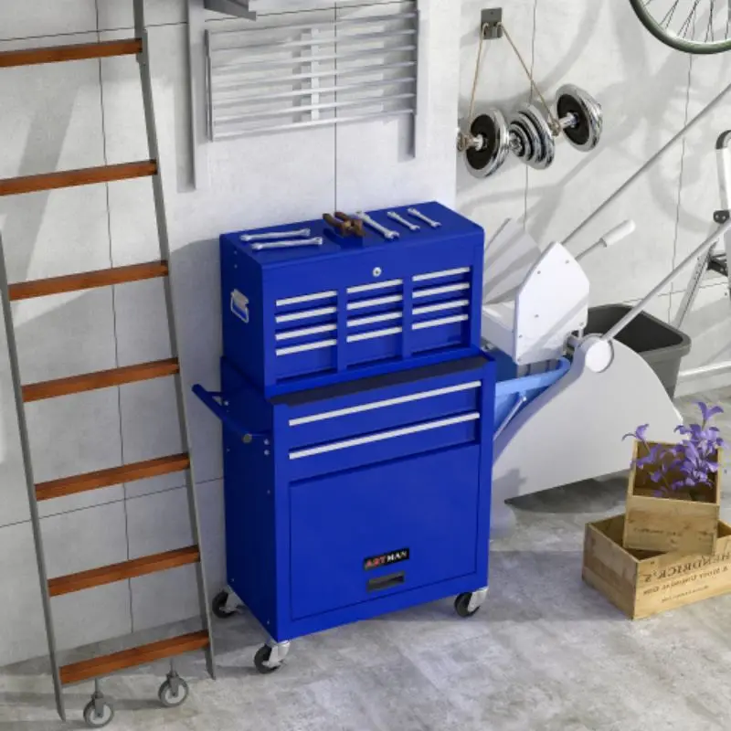 Large capacity rolling kit with wheels and drawers, 8 drawer tool storage cabinet - blue