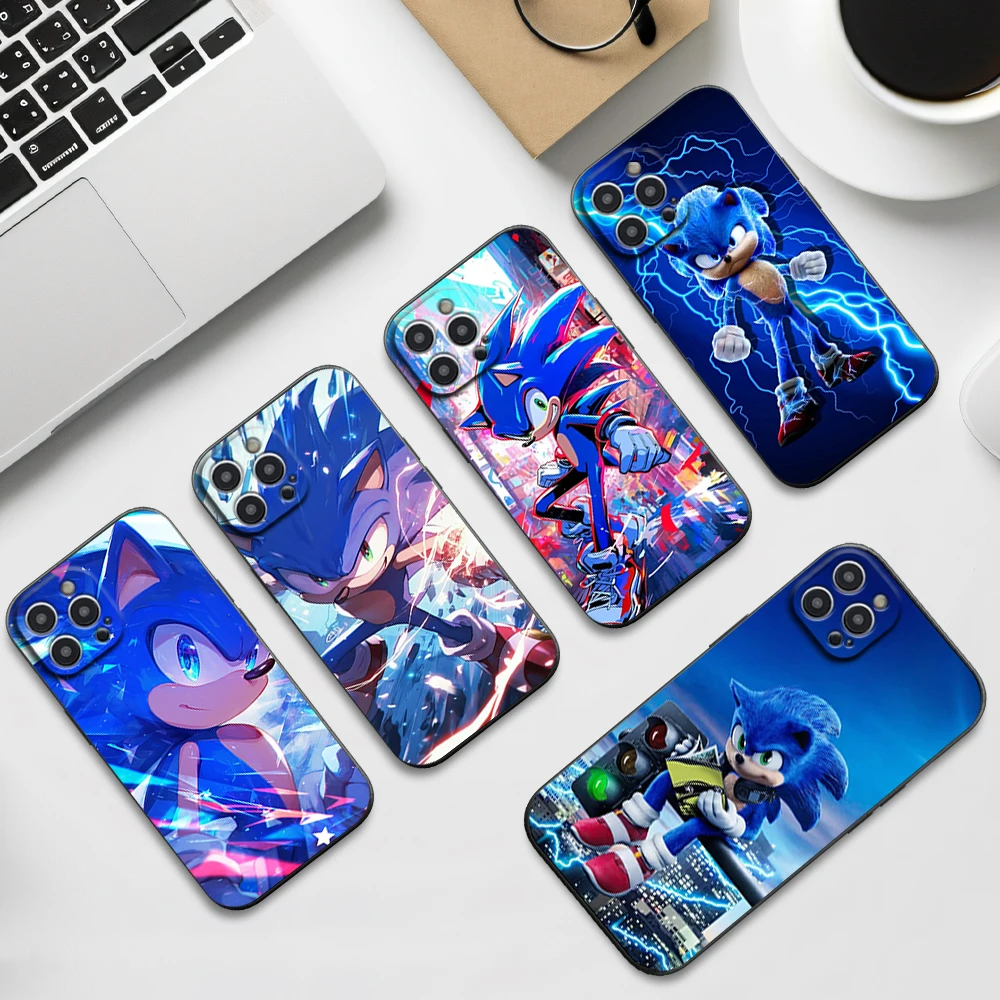 Cartoon S-Sonic Cute Phone Case For iPhone 16 11 12 13 14 15 Pro Max Plus Black Soft Shell