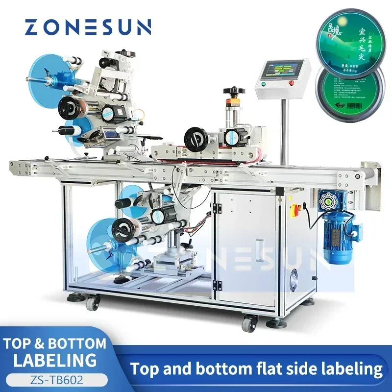 ZONESUN Automatic Flat Surface Labeling Machine Top and Bottom Label Applicator Cans Boxes Bags Cosmetics Equipment ZS-TB602