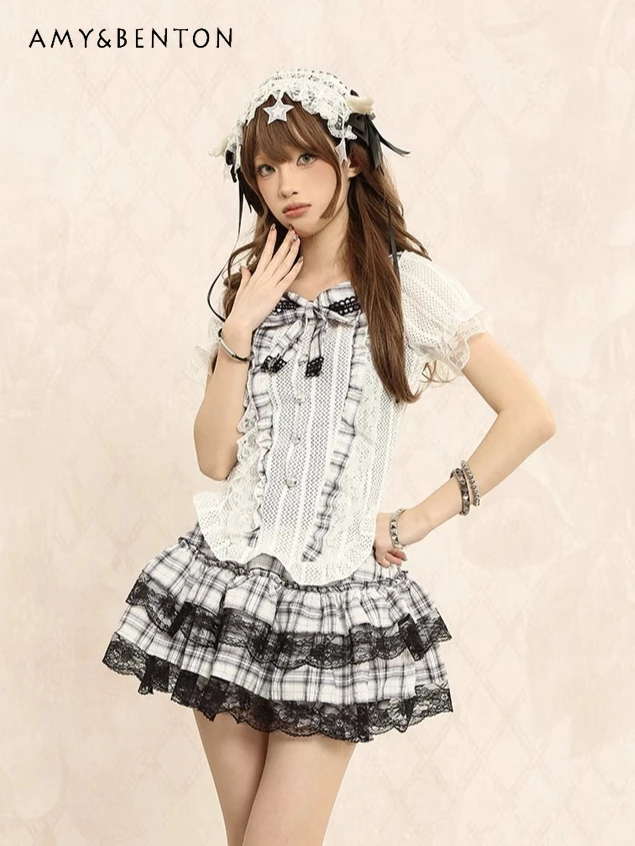 

Субкультура клетчатая юбка Spice Girl, комплекты из американского ретро-рубашки с бантом и рукавами-пузырьками, юбка-пачка с высокой талией, комплект из двух предметов, новинка лета