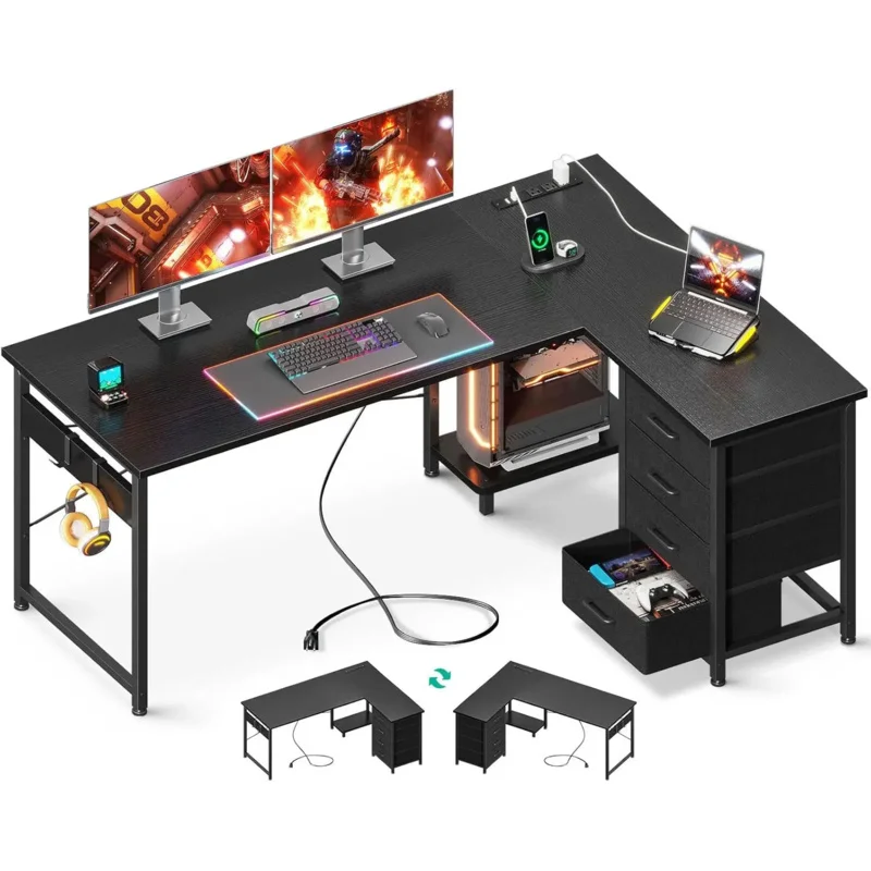 L Shaped Gaming Desk with 4 Drawers, 53 Reversible Home Office Desks Power Outlets, L  Computer USB Chargi