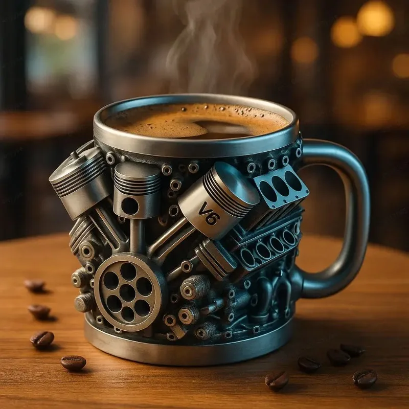Creative 3D stainless steel V6/V8 Engine Piston Coffee Mug Car Engine Design, 3D Mechanical Cup, Unique Gift for Car Lovers,