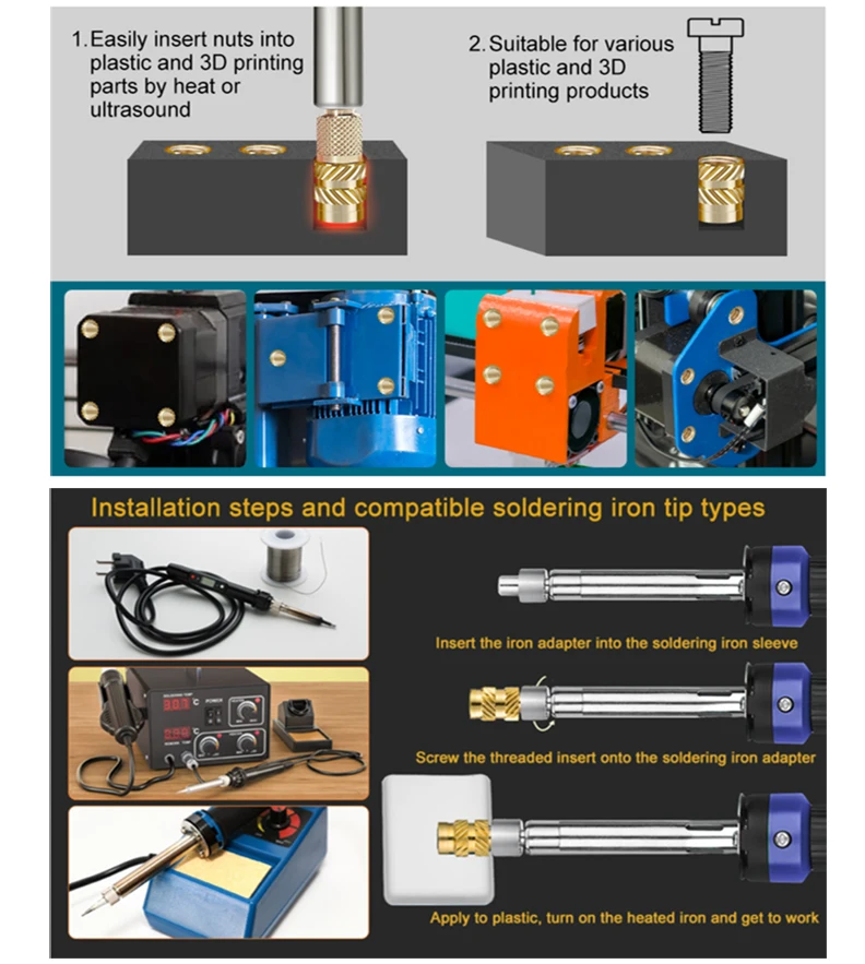 M2 M2,5 M3 M4 M5 M6 Lötkolben Spitze Einsatz Mutter Wärme Gewinde Messing Einsatz Mutter Werkzeug Set für Kunststoff 3D Druck Sortiment Kit – Detail 1