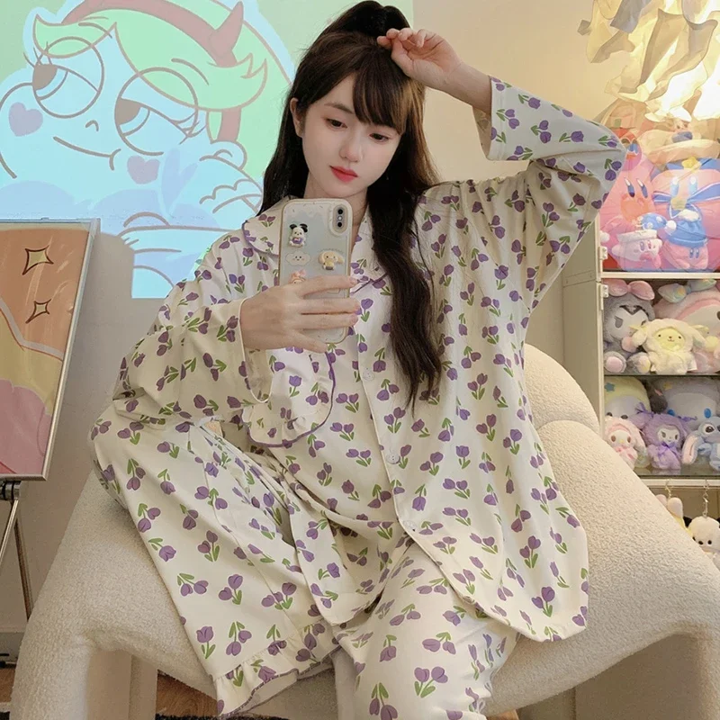 Plus Size Pajama Mujer Cherry Print Sleepwear Set Long Sleeve Top Pants Ruffle Homewear Skin-Friendly Breathable