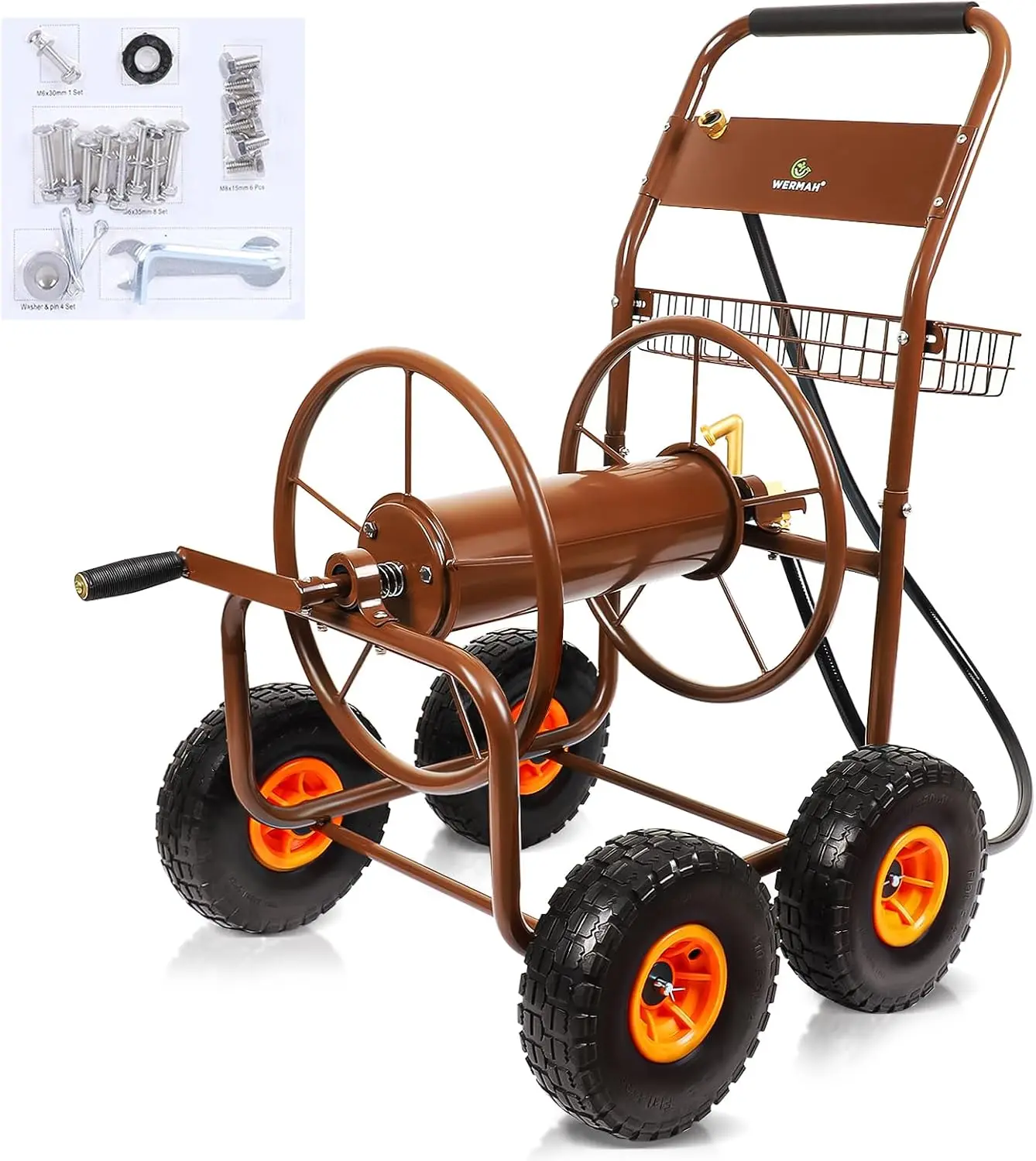 Four Wheel Garden Hose Reel Cart Upgrade Holds 300ft 5/8