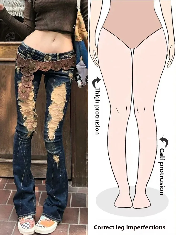 

Low Waist Slim Fit Denim Jeans Women's Spring Summer Fashion Street Style Washed Splattered Ink Hole Punching Long Pants