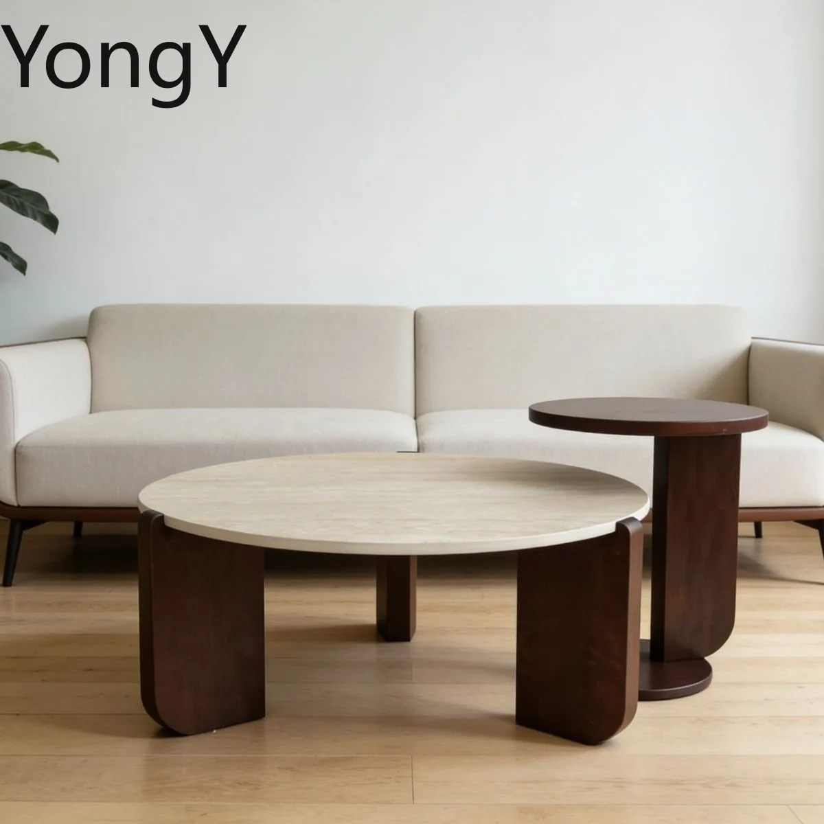 Travertine coffee table dark and light contrasting colors geometric tea table homestay solid wood size combination edge table