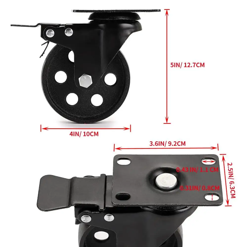 Rodízios de placa giratória estilo vintage de 4 polegadas, rodas de ferro fundido resistentes, mesa de centro, suporte de tv, carrinho de soldagem, capacidade de carga de 2000lbs