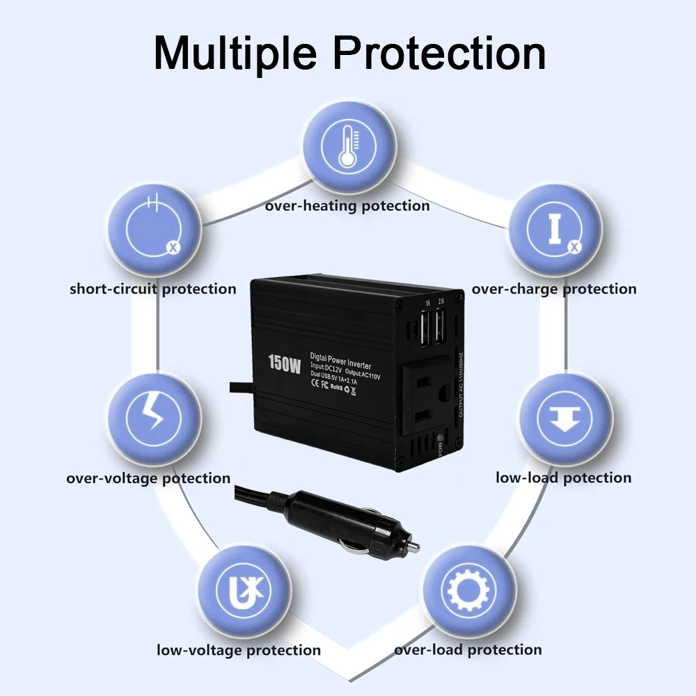 Transformador automático do carro com Dual USB US Socket, Conversor de energia, 150W, DC para AC, 12V a 110V, Adaptador para carro, Dropship