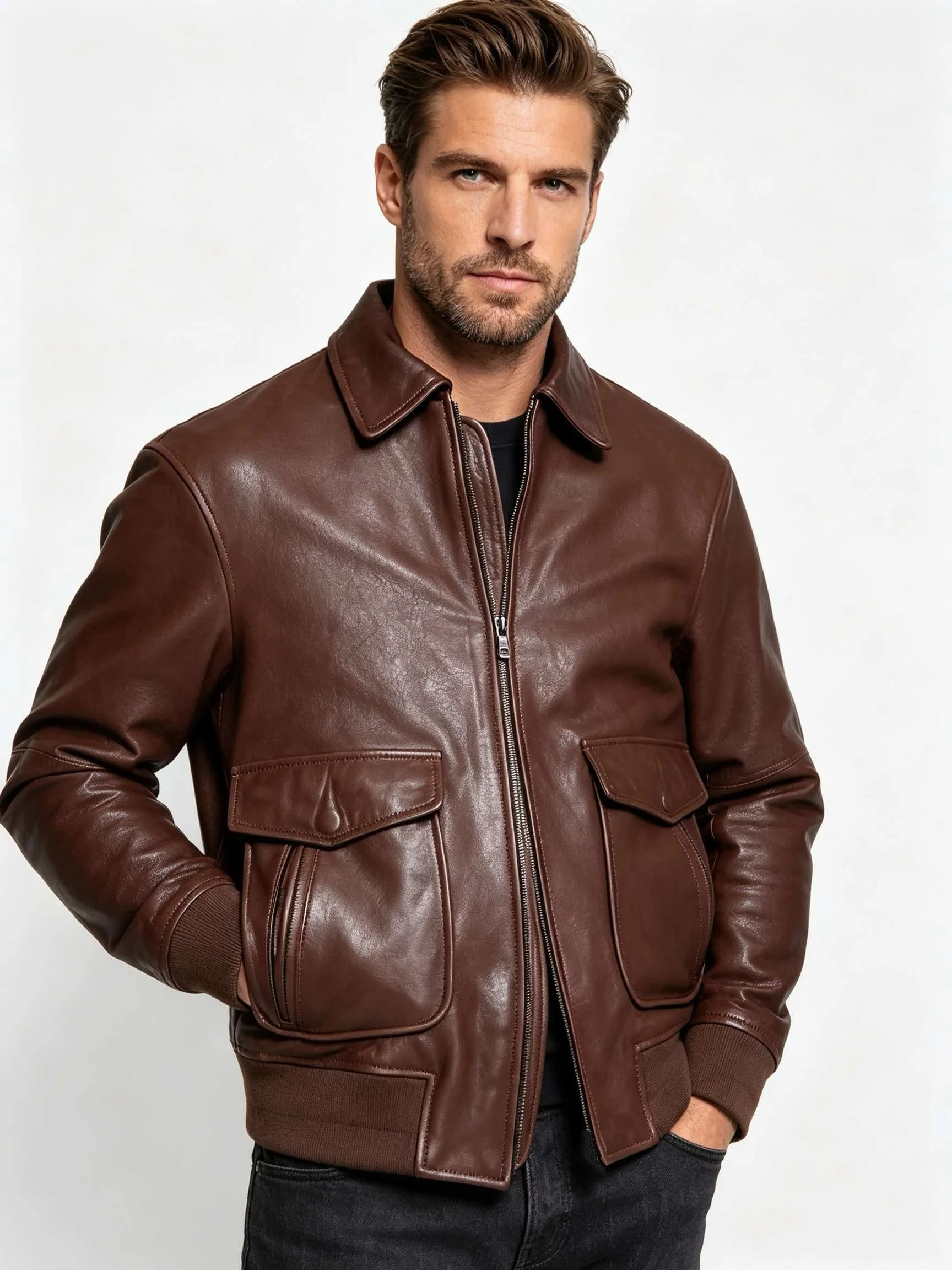 Men's Genuine Sheepskin Leather Flight Jacket Chocolate Brown A-2 Style Zip Pilot Bomber Coat With Flap Pockets Rib Knit Hem