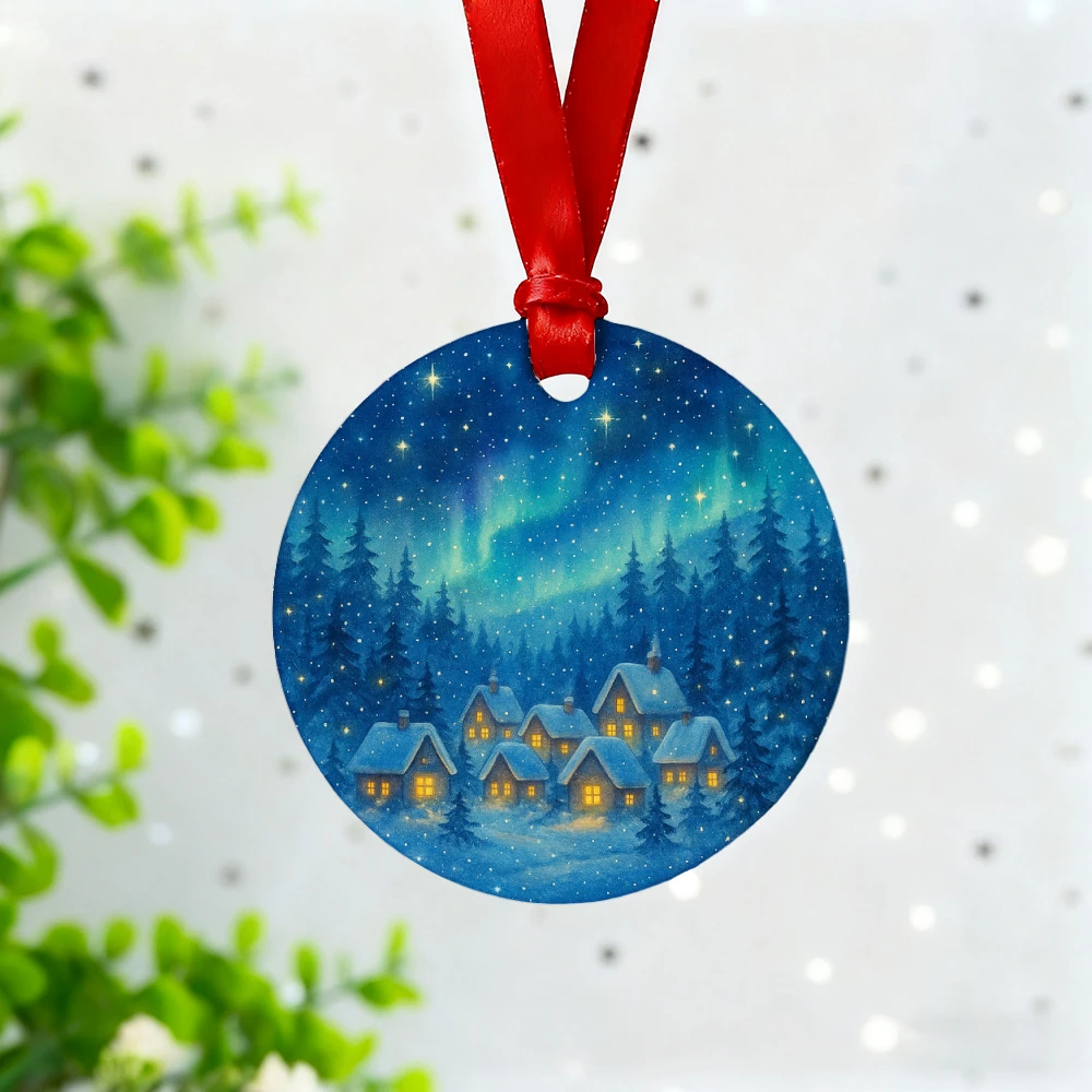 

1 Round Ceramic Ornament | Christmas Northern Lights Village Scene Print Design | Christmas Tree Decoration, Fun Christmas