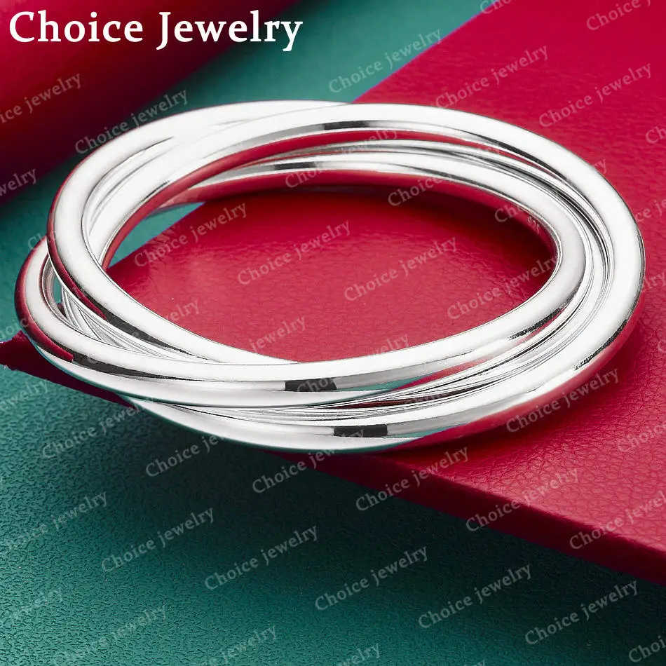 925 Sterling Silver Three Ring Bangle Bracelet For Women Fashion Jewelry Classic Simple Party Accessories Birthday Gift