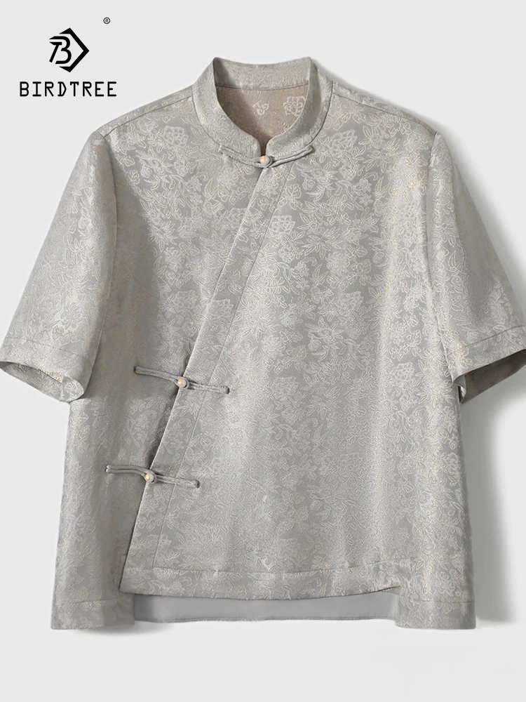 

BirdTree-26MM 87.8%Silk Elegant Shirt, Short Sleeve Jacquard, Women Vintage Temperament Loose Blouse, 2026 Spring New T63275CC