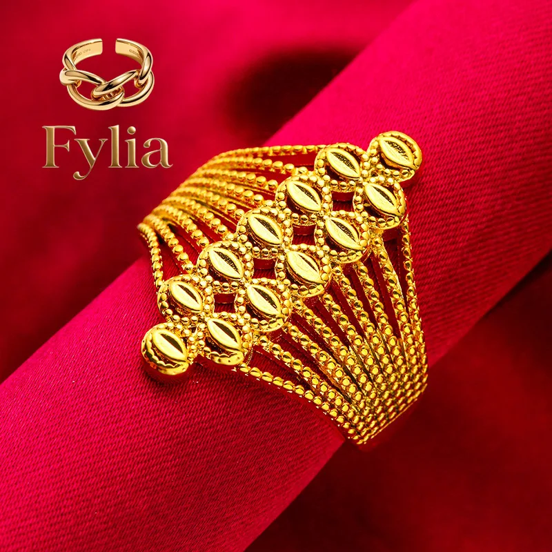 Fylia Jewelry   24K Gold Openwork Big Flower Ring | AU999 Pure Gold, 3D layered petals with diamond accents, adjustable for eleg