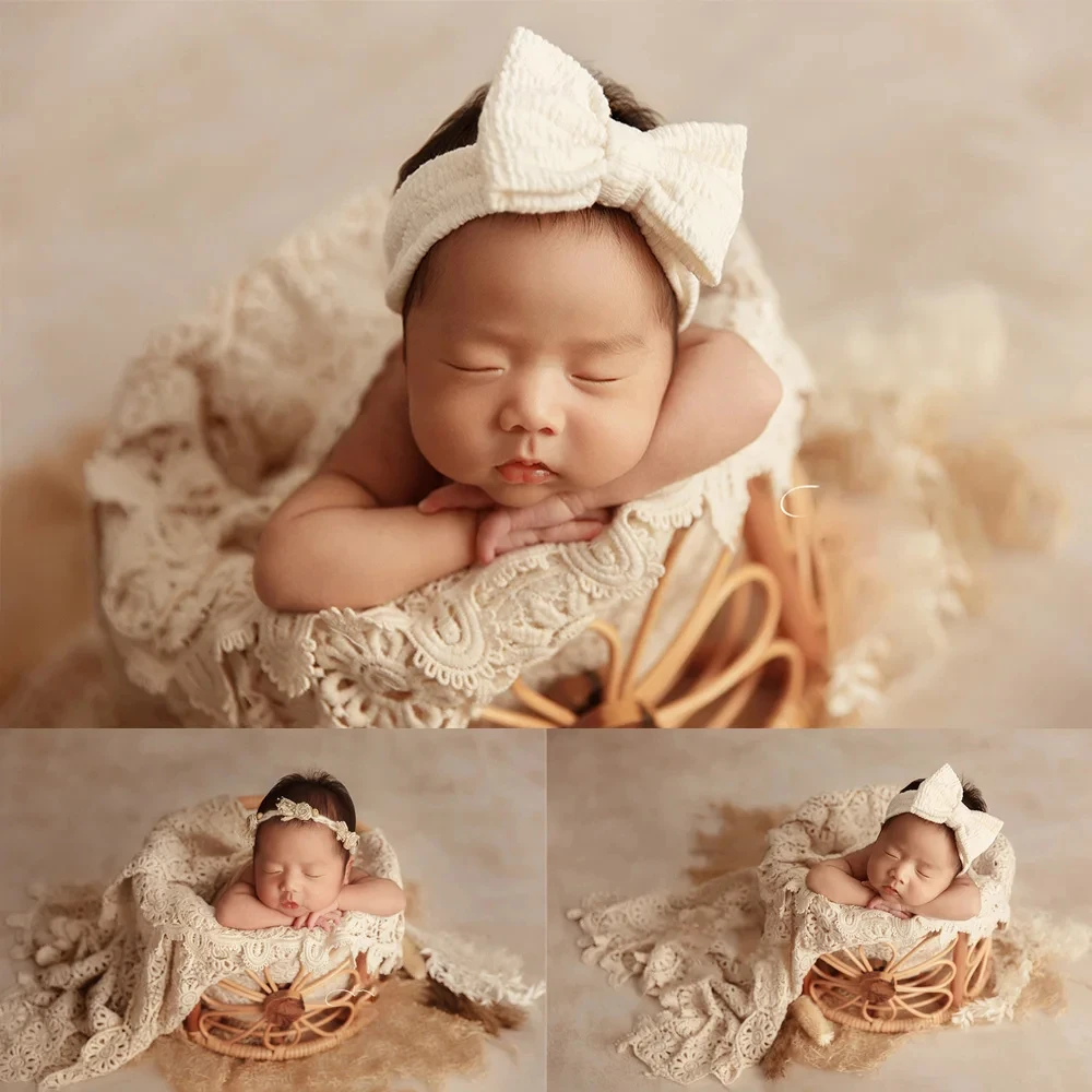 INS Style Baby Photography Props Newborn Photo Bow Headband Lace Background Blanket Studio Baby Posing Photoshoot Accessories