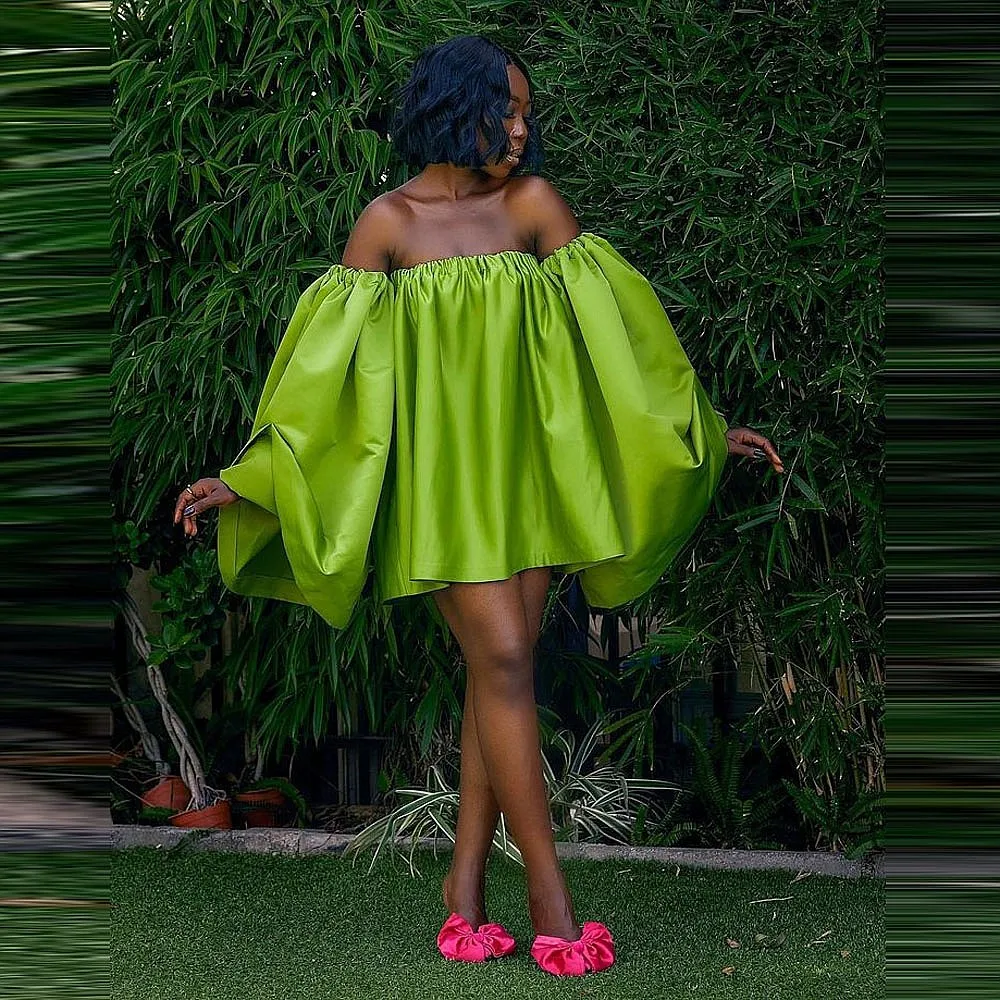 

Green Short Cocktail Dresses Off The Shoulder Long Sleeves Black Girls Birthday Dress Aso Ebi Sexy Prom Gowns