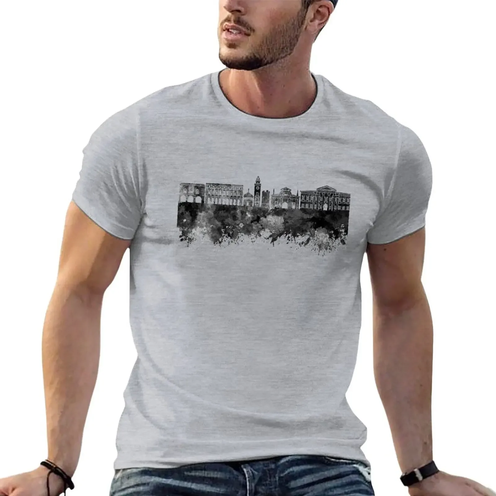 Bergamo skyline in watercolor background T-Shirt oversizeds summer tops new edition t shirt men