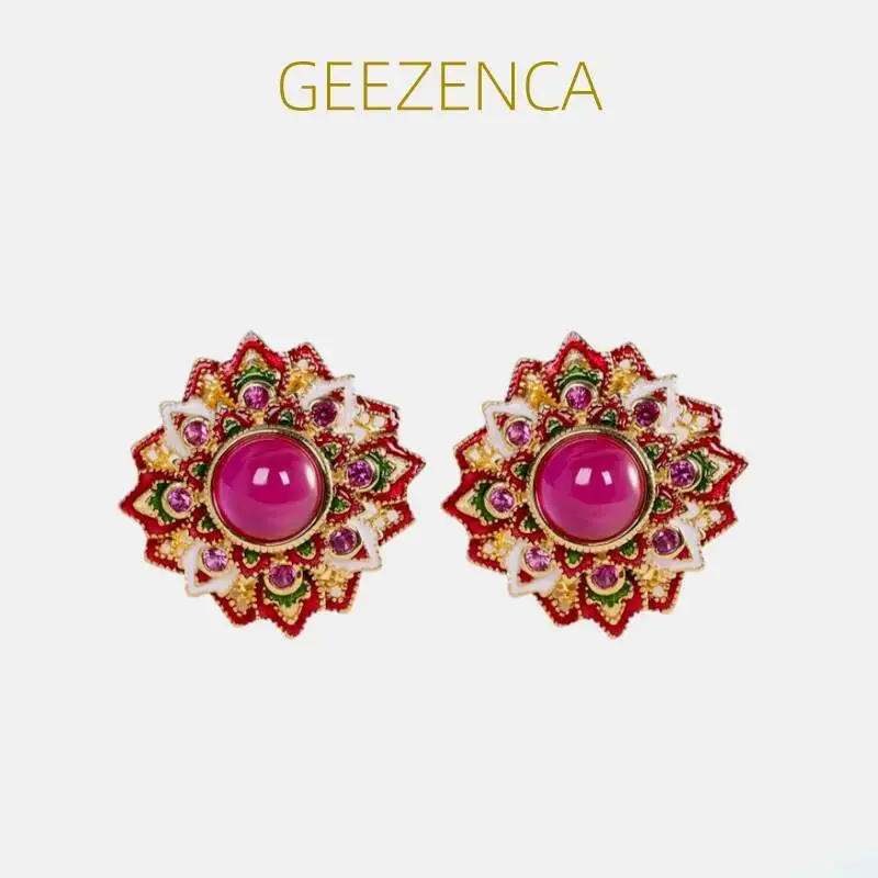 

GEEZENCA 925 Sterling Silver Gold Plated Red Corundum Enamel Stud Earrings For Women Vintage Trendy Earring Fine Jewelry Gift