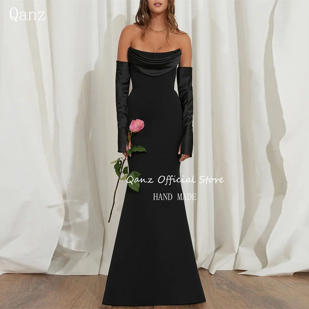 Qanz Dubai Evening Dresses Long Sleeves Soft Satin Mermaid Abend Kleider Damen Elegant Open Back Formal Occasion Customized