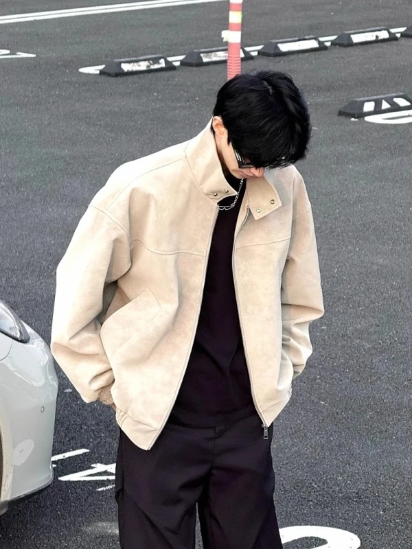 

Retro American Dyed PU Leather Jaet Men's Autumn Winter High Sensation Stand Collar Motorcycle Outerwear Sli Couple Tops