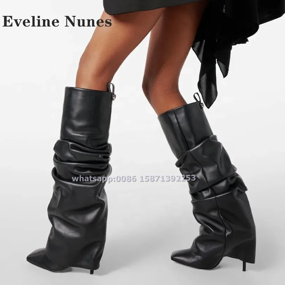 

Women's Stylish Slouchy Knee-High Boots Pointed Toe Stiletto Heels Solid Turned-Over Edge Mid-Calf Boots Street Style Fashion