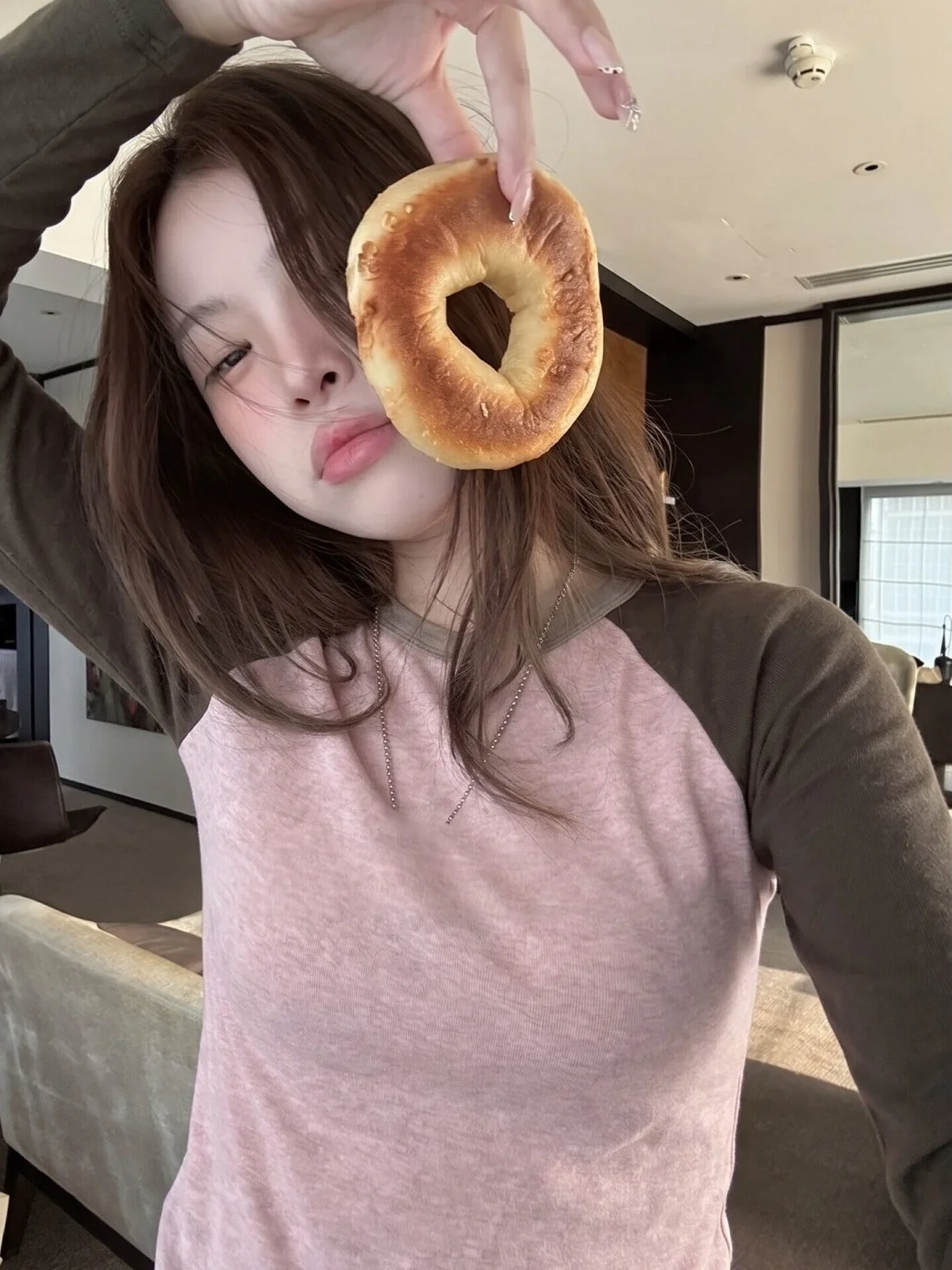 Casual Long Sleeve round Neck T-Shirt Women's Autumn Vintage Color Block Design Base Shirt Inner Wear Light Pink Brown Top