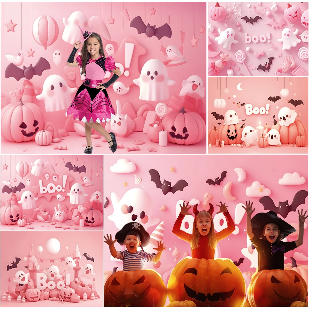 Halloween Backdrop Pink Wall Spooky Ghost Booing Spider Web Pumpkin Baby Portrait Halloween Party Photography Background Decor