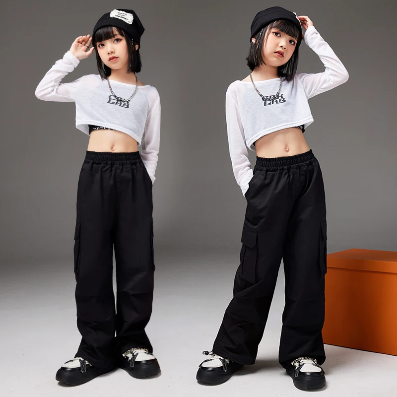 Girls Streetwear Outfits Children Hip Hop Crop Tops Black Cargo Pants Clothes Sets Kids Cute Street Dance Jazz Stage Costumes