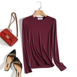 Cotton Women T Shirt High Quality Elastic Basic Solid Long Sleeve T-shirts Female Casual Tops Korean Thin O Neck Tshirt