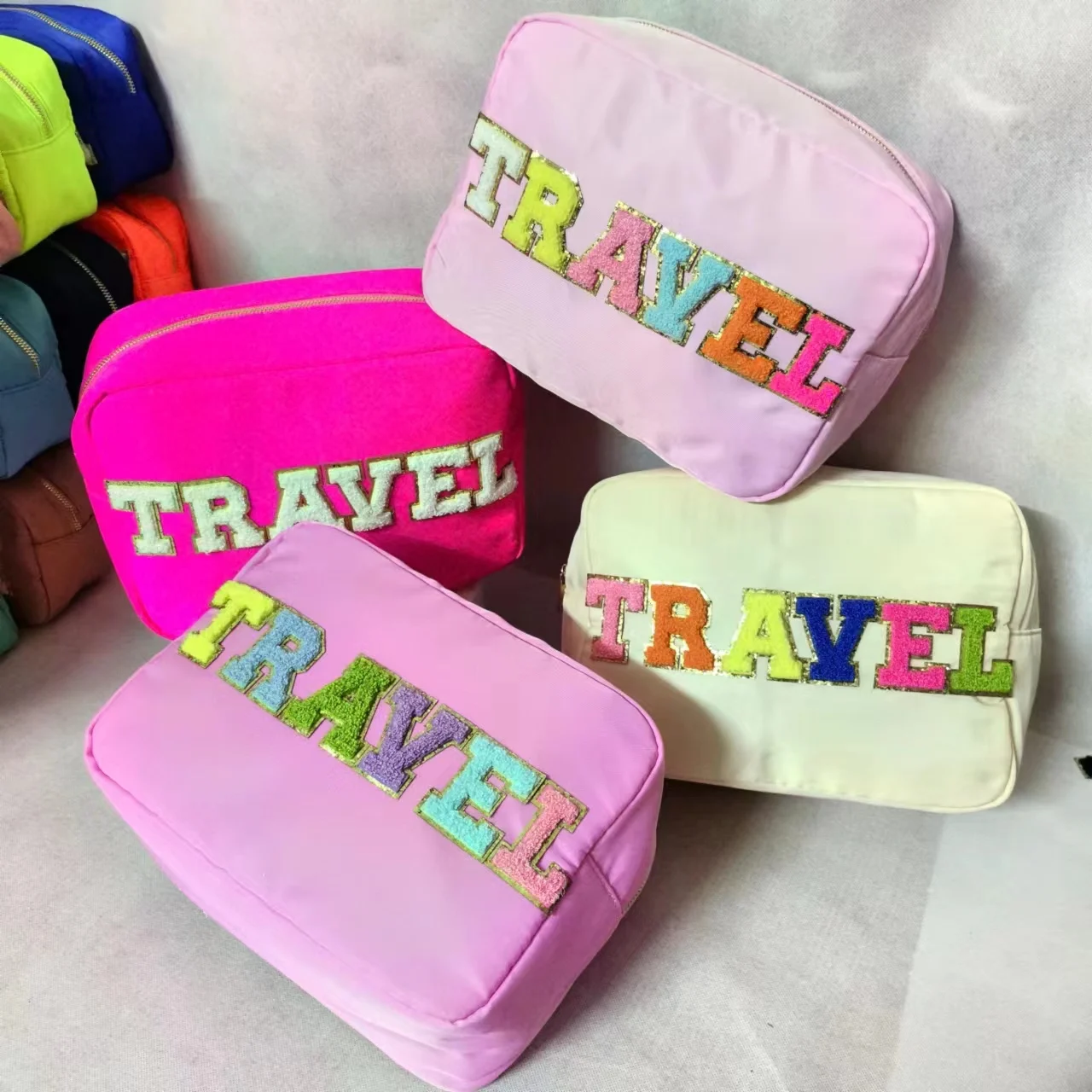 

S M L XL Embroidery Patch Personalize Toiletry Pouch Waterproof Women Storage Nylon Travel Makeup Bag Organizer Cosmetic Bag