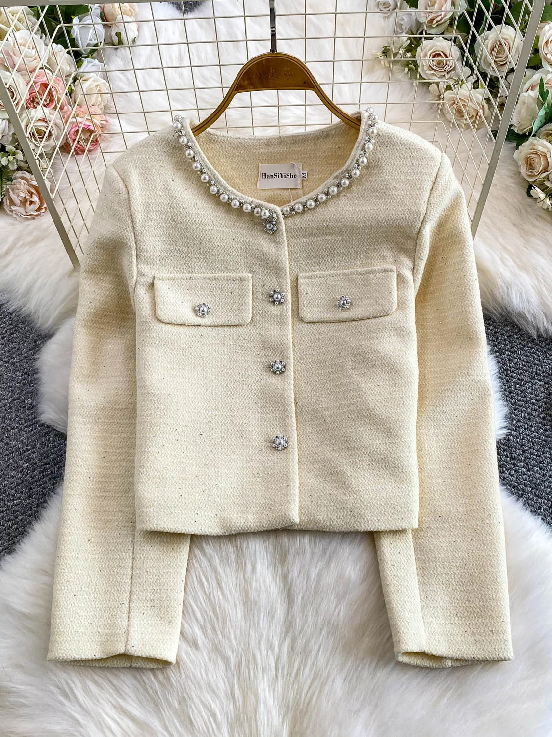 ملابس خارجية نسائية دائرية بأزرار ترتر من iny ملابس خارجية شتوية من الصوف سترة لطيفة ومشرقة #3