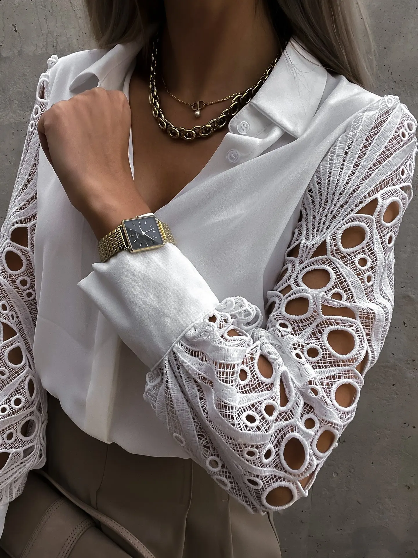 Elegant  Women\'s  Blouse White Shirt 2023 Spring Summer V-neck Lace Sleeve Cut-out Patchwork Office Commuter Black Tops S-XXL