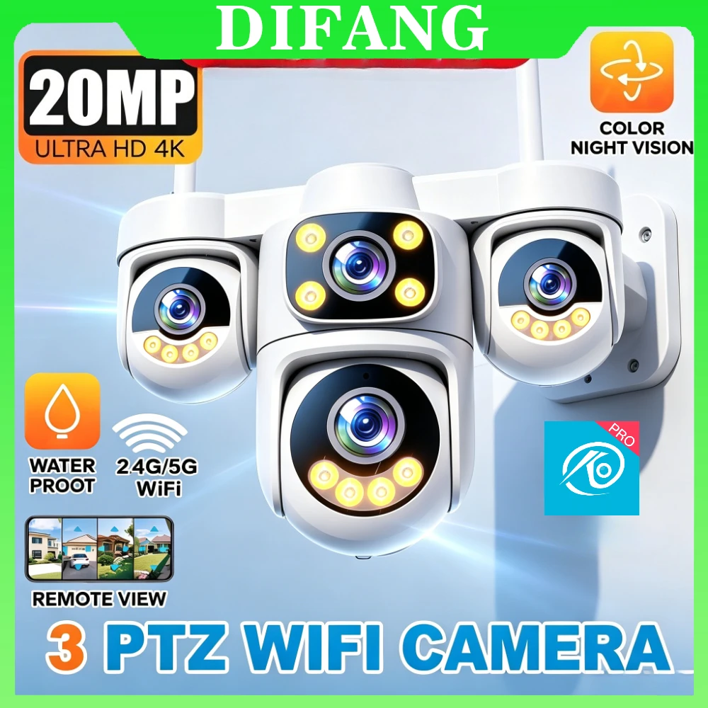 New 20MP WiFi Security Camera 4 Lens 4 Screen 6 Motors 3 PTZ 5X Digital Zoom Wireless Outdoor Home Surveillance Waterproof