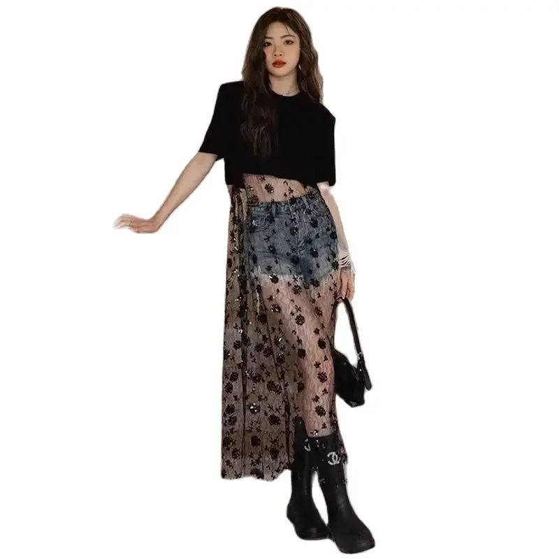 Verão 2025 nova moda vestido feminino paillette gaze bordado unido juntos preto gola redonda camiseta outerwear feminino