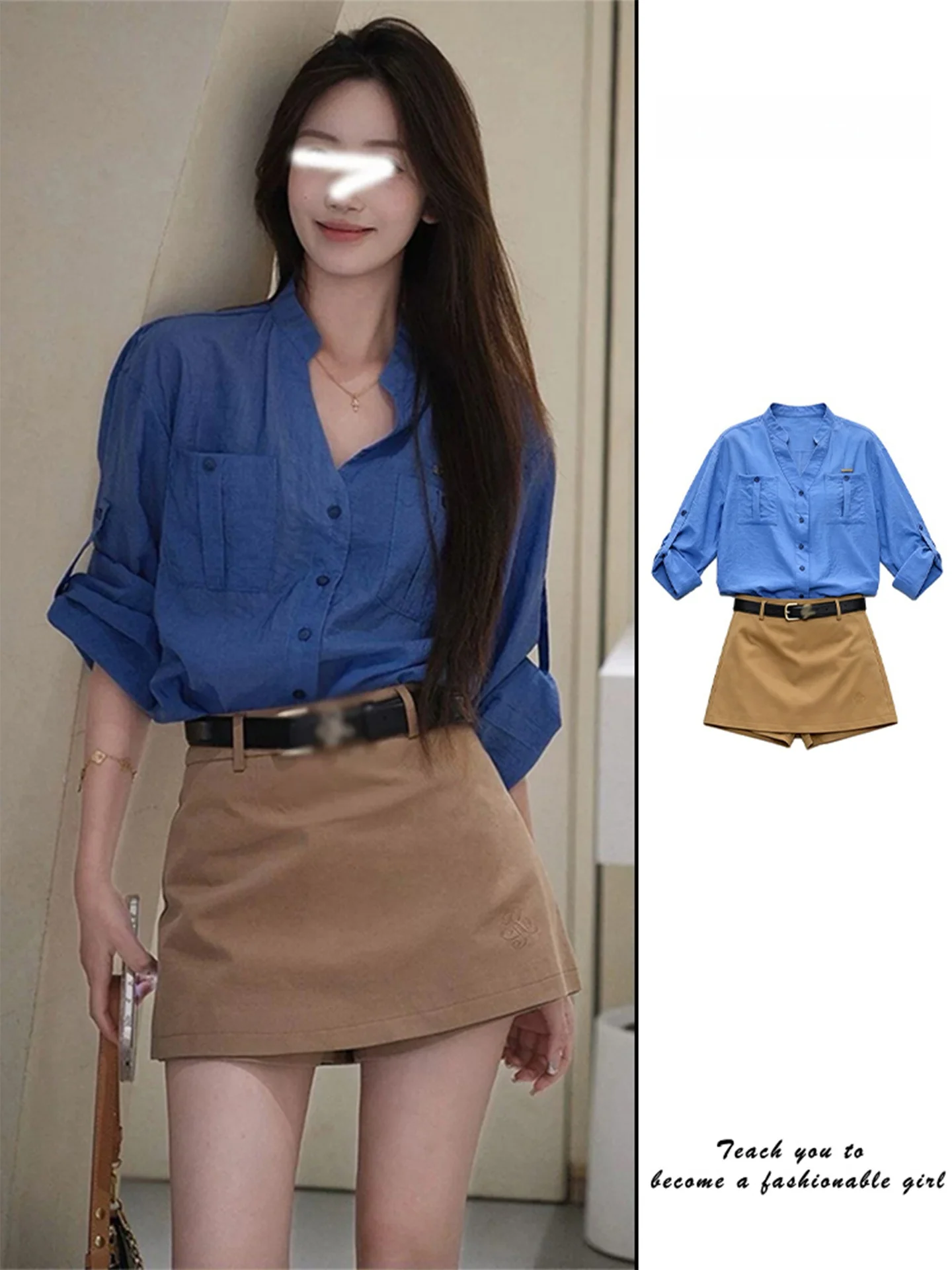 Klein Blue Long Sleeve Women's Shirt Set Korean Style High Waist Short Skirt Fashionable Autumn Outfit Casual Commute Suitable