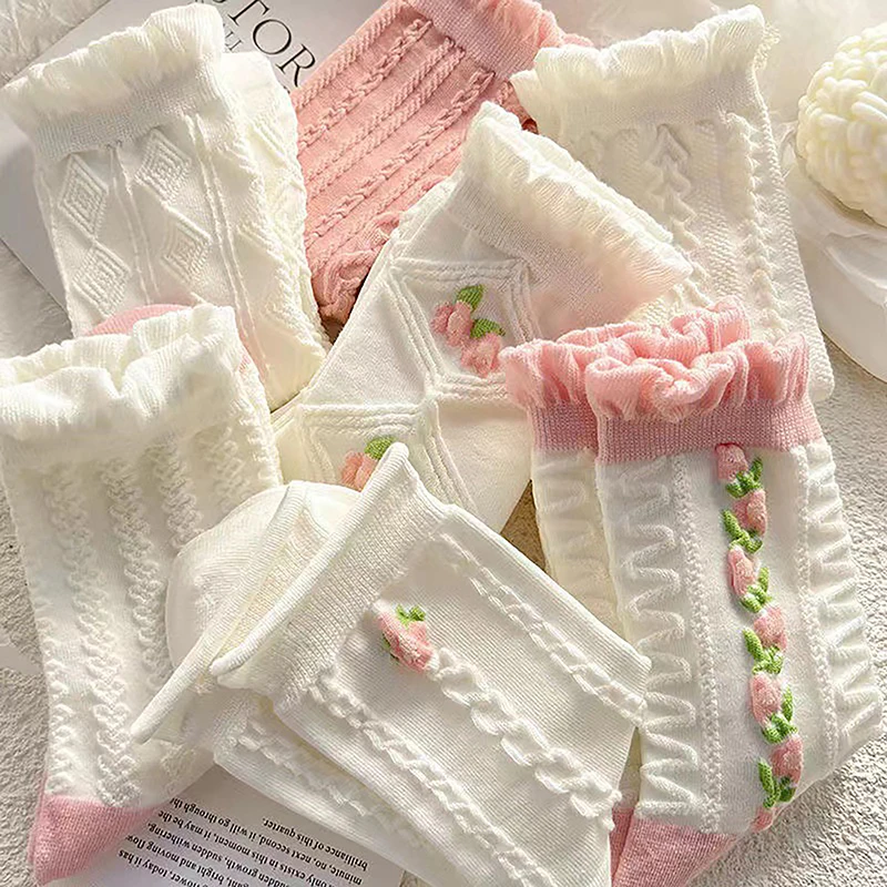 5 Pairs Of Lolita Cute White Socks Set For Girls Spring And Summer Sweet Ruffled Cute Cotton Socks For Women